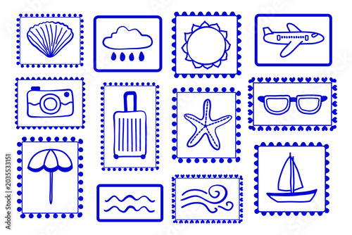 Set of cute doodle outline summer stickers with travel and beach icons in decorative frames isolated on white background. Hand drawn coastal illustration in Mediterranean line art style.