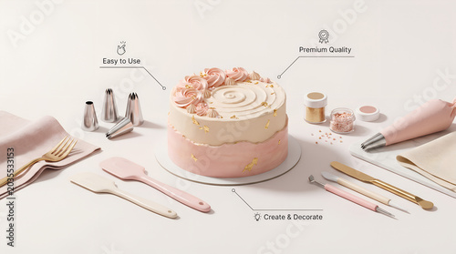 Cake decoration tools with a beautifully designed cake on a light background
