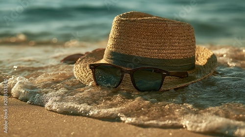 Hat sat by shades on warm sand by the ocean.