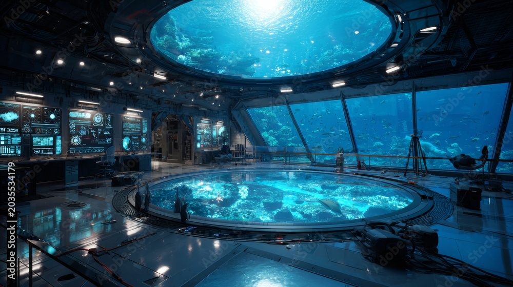 Obraz premium Advanced Underwater Research Station Featuring Holographic Technology and Marine Observations Beneath the Ocean Surface