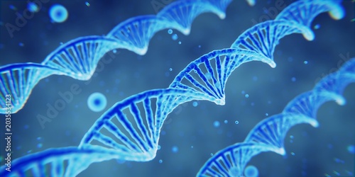 Microscopic 3D render of deoxyribonucleic acid strands over a blue background. Clean biochemistry panoramic wallpaper for science presentations and digital graphic design.