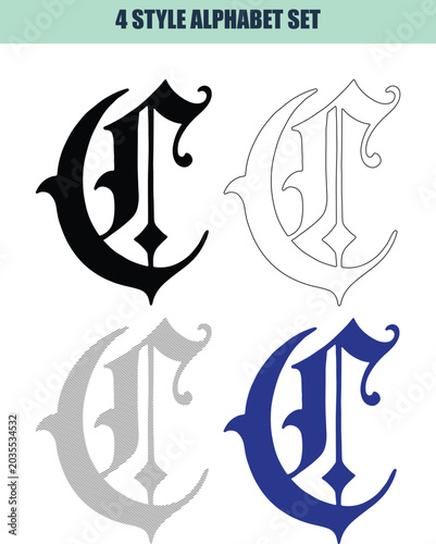 Gothic letter C in four distinct styles including solid black outline gray and blue for design projects