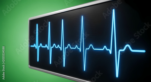 Close-up of a blue EKG heart rhythm on a black screen with green background