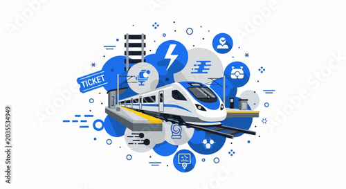 Modern High-Speed Bullet Train at Railway Station with Travel and Technology Icons, Flat Vector Illustration Concept for Transport and Logistics