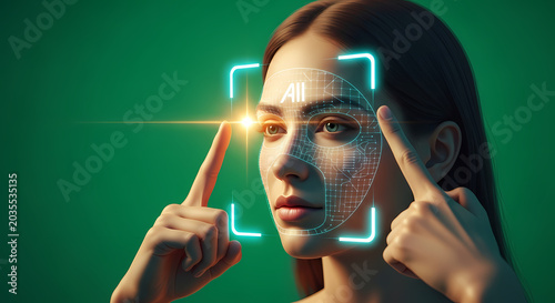 Biometric facial recognition scan of a woman's face with digital overlay