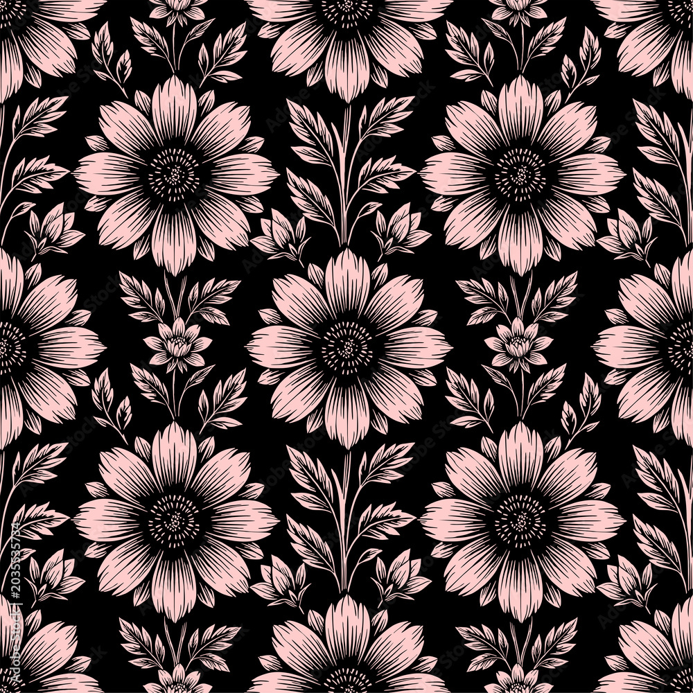 Fototapeta premium Seamless simple floral pattern with pink and black flowers, texture, design