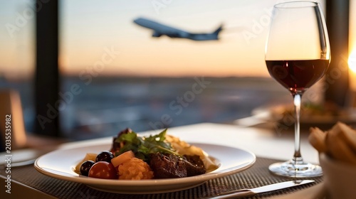 Fine dining at airport lounge watching airplane takeoff