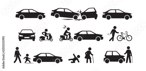 Tableau sur toile Set of Traffic Accident and Pedestrian Safety Icons: Car Crashes, Cyclists, Scoo
