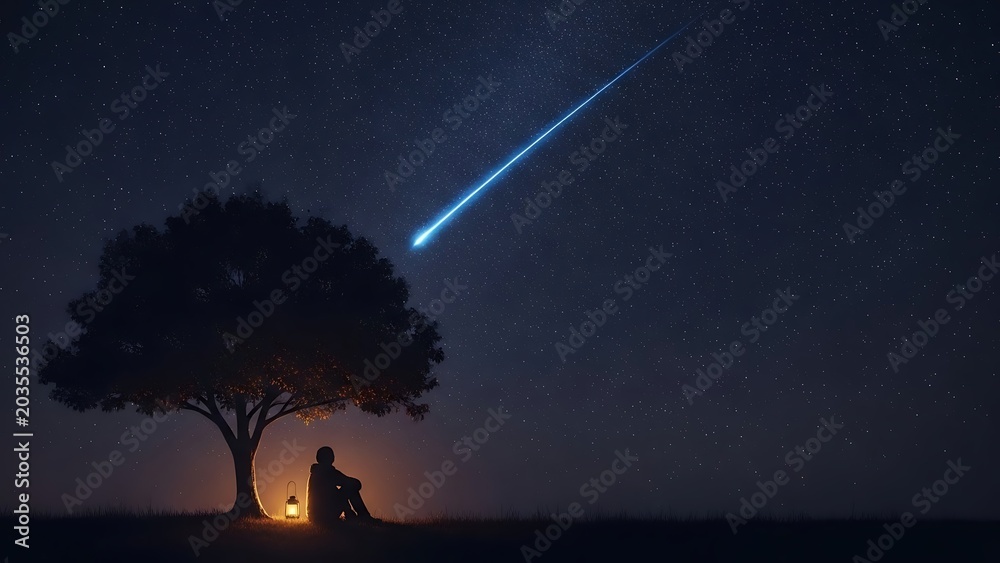 Fototapeta premium Lone figure under tree with lantern watches meteor shower in starry night sky concept