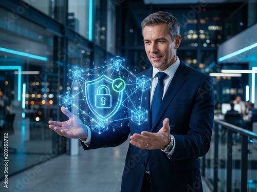 Blockchain security solution. Secure data encryption and protection for networks. Businessman holding shield hologram with check mark.