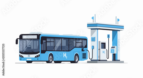 Hydrogen Fuel Cell Public Bus Refueling at H2 Filling Station, Sustainable Green Energy Transport Vector Illustration