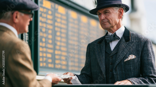Traditional bookmaker accepting a horse racing wager from a racegoer at a prestigious British racecourse