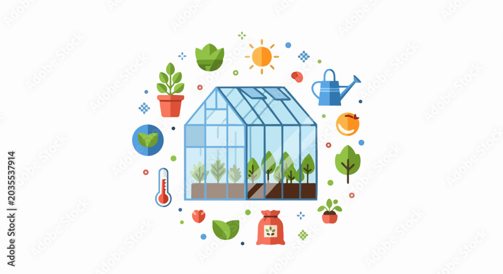Fototapeta premium Modern Flat Vector Illustration of a Glass Greenhouse with Sustainable Gardening and Horticulture Icons on White Background