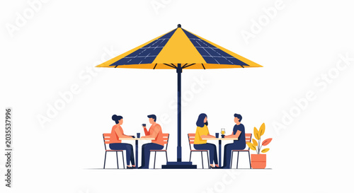 Smart Solar Powered Umbrella at Outdoor Cafe Vector Illustration - Renewable Green Energy and Sustainable Living Concept