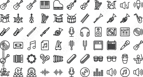 Schilderij op canvas Music Instruments and Audio Minimal Line Icons Collection – Musical Outline Vect