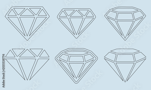 Set of six abstract diamond outlines in a geometric, minimalist style on a light blue background