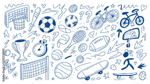 Set of blue hand drawn sports and fitness doodles on a simple background