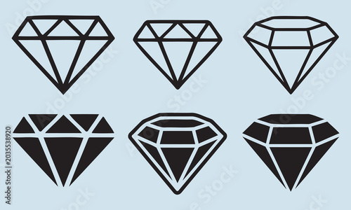 Set of six stylized diamond icons in black outline and solid fill on a light blue background
