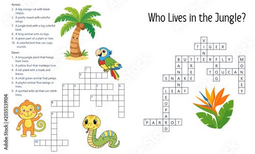 Jungle animal crossword puzzle for children educational activity