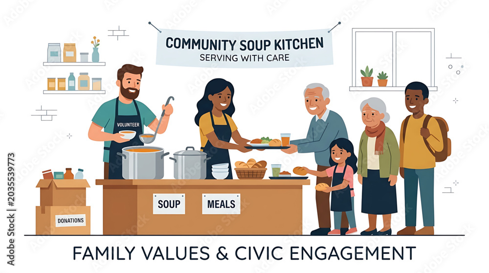 Naklejka premium Community soup kitchen volunteers serving food to people in need, flat vector illustration
