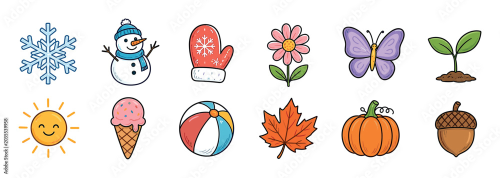 Obraz premium Snowflake snowman mitten flower butterfly sprout sun ice cream beach ball leaf pumpkin acorn icons set, hand drawn doodle style vector illustration