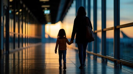 Parent and child walking hand in hand through airport terminal at sunrise
