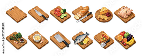 Cutting board with various food items including vegetables, bread, cheese, chicken, fish, pizza, and fruits, isometric vector illustration