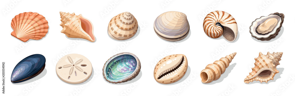 Obraz premium Scallop conch nautilus oyster mussel sand dollar abalone cowrie turritella shells vector illustration set