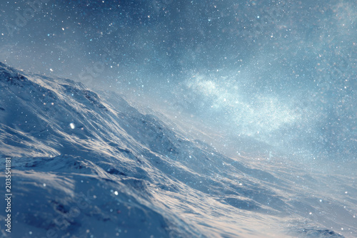 Snow falling on mountain range under starry night sky