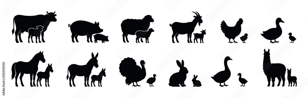 Obraz premium Cow pig sheep goat chicken duck horse donkey turkey rabbit goose llama animal silhouettes with their babies, vector illustration