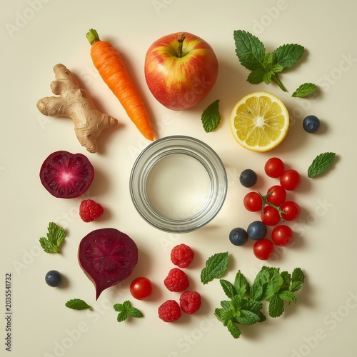 Fresh fruits and vegetables arranged around a glass jar on a light background