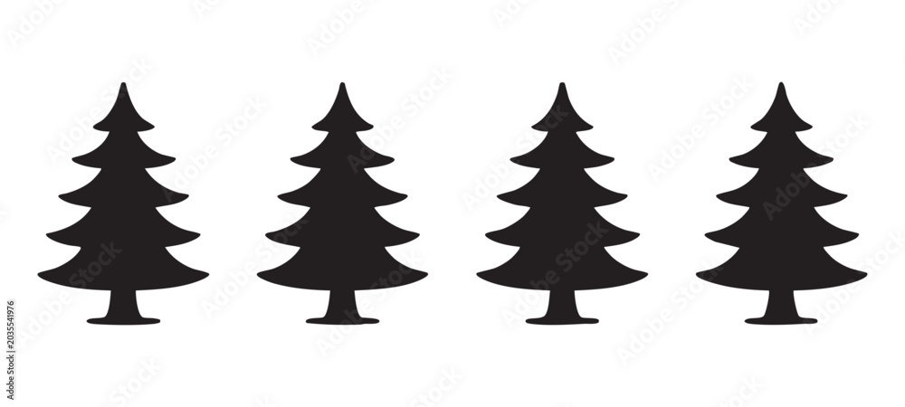 Obraz premium Set of four black pine tree silhouettes, simple and elegant evergreen conifer icons or symbols.