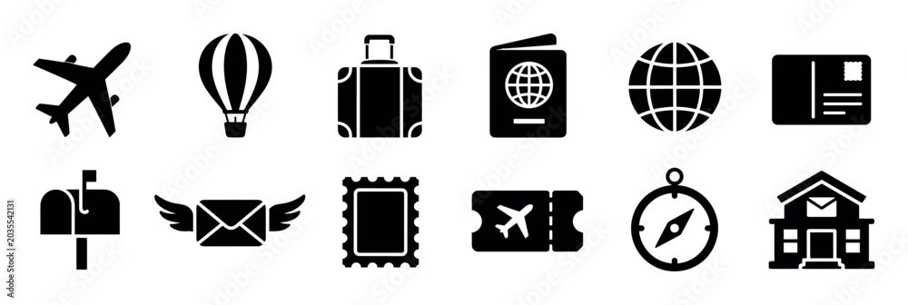 Obraz premium Airplane hot air balloon luggage passport globe postcard mailbox envelope stamp ticket compass house icons set