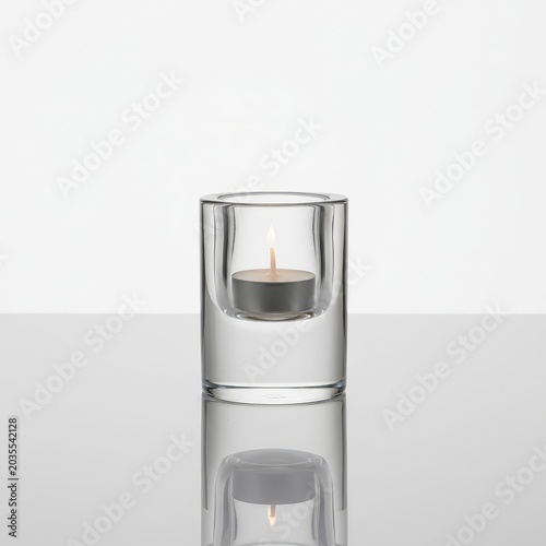 Light shines from a candle in a glass holder on a smooth surface