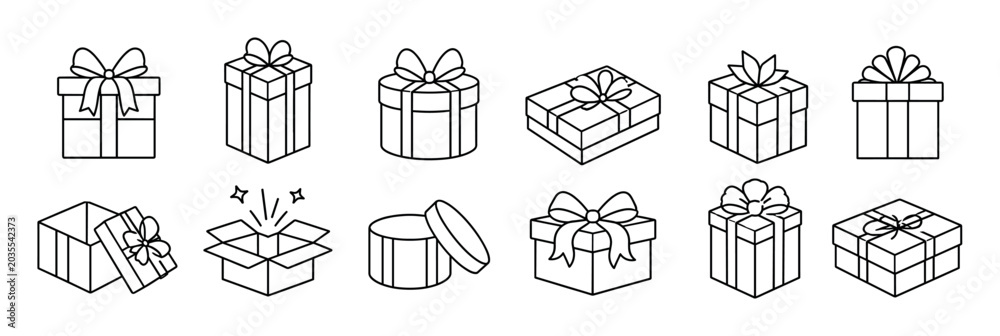 Obraz premium Gift boxes with ribbons and bows, open and closed present packages, line art icon set