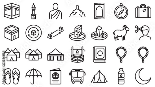 Islamic Line Icons for Hajj and Umrah Educational Guides Explaining Holy Rituals Step by Step and Spiritual Pilgrimage Logistics for Faithful Muslim Travelers Preparing for Mecca