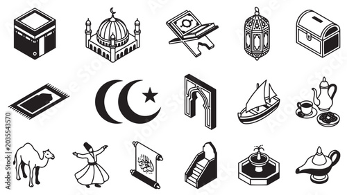 Isometric Islamic Illustration Assets for Ramadan Greeting Cards Architectural Graphics and Cultural History Infographics Highlighting Traditional Middle Eastern Festive Traditions