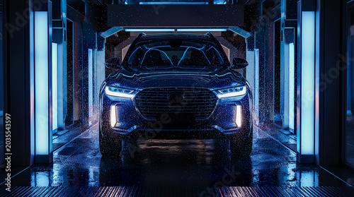 Modern car in a high-tech automatic car wash with vibrant blue lighting and water droplets on the surface, showcasing a sleek design and advanced cleaning technology