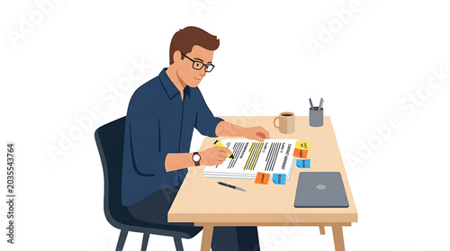 Professional man reviewing and highlighting a contract agreement at his desk