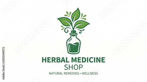 Herbal medicine logo design with green plant in glass jar on white background minimalist style