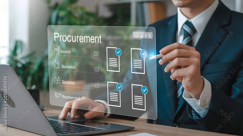 Fototapeta premium Businessman streamlining procurement processes using a futuristic digital interface, enhancing operational efficiency and supply chain management with advanced technology