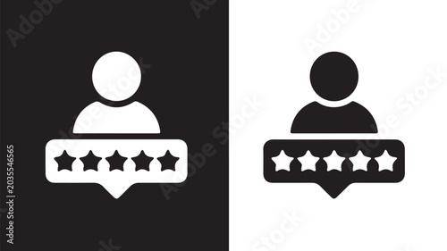 Minimalist icons featuring a user profile with a five-star rating system, presented in contrasting black and white