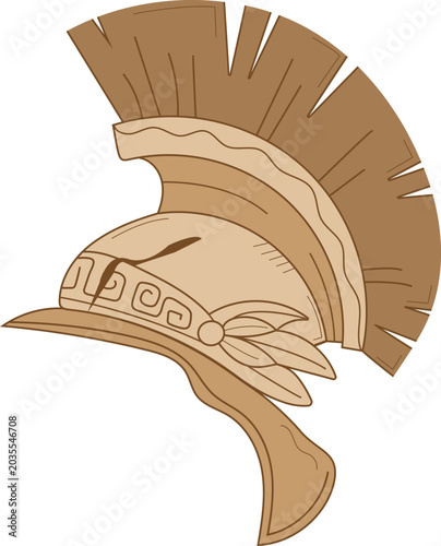 Minimalist vector illustration of an ancient Roman centurion helmet or Greek spartan helmet with a plume, classical antique warrior armor icon isolated on white background.