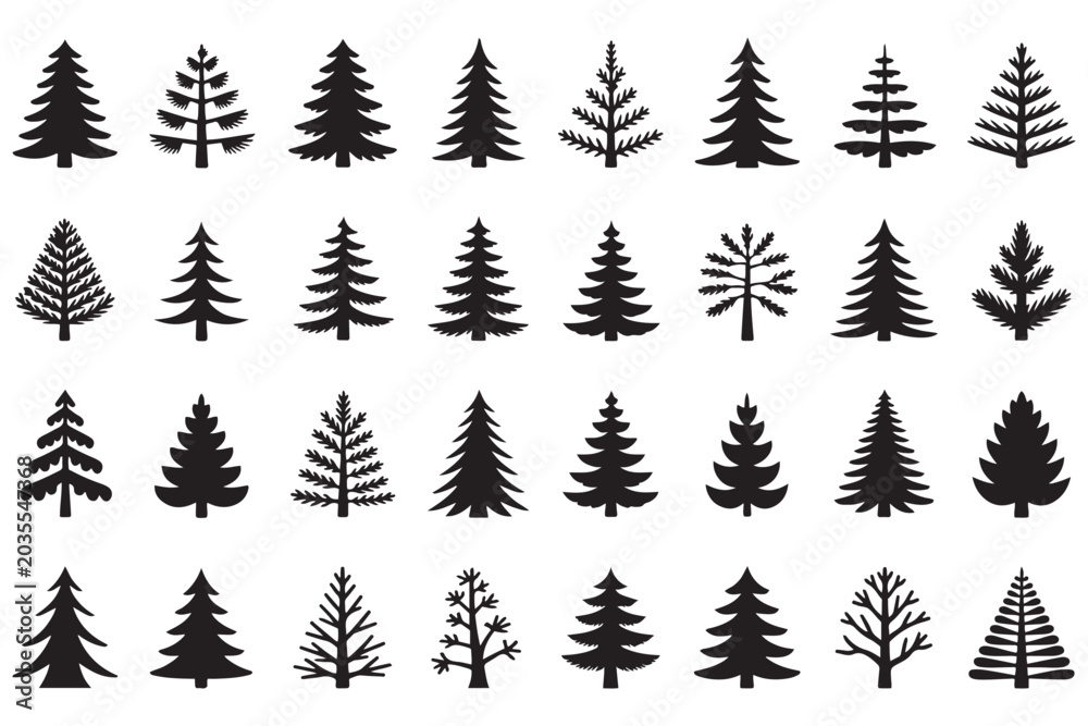Fototapeta premium Christmas tree icon set featuring various pine silhouettes for holiday design projects and winter seasonal graphic elements. Christmas tree icon set. Vector illustration of pine silhouette.