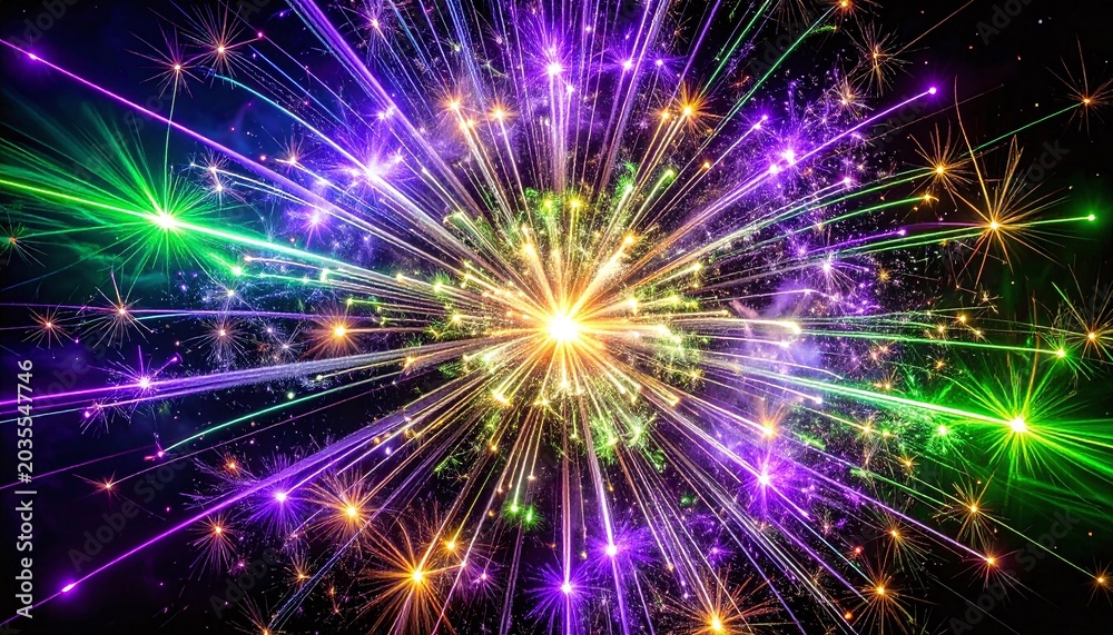 Naklejka premium Vibrant explosion of colorful fireworks with bright purple, green, and golden light trails bursting from a central point. Perfect for festive celebrations and energetic backgrounds.