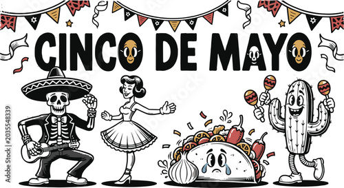 Foto Vintage Comic Book Style Cinco de Mayo Vector Banner with Retro Cartoon Characte