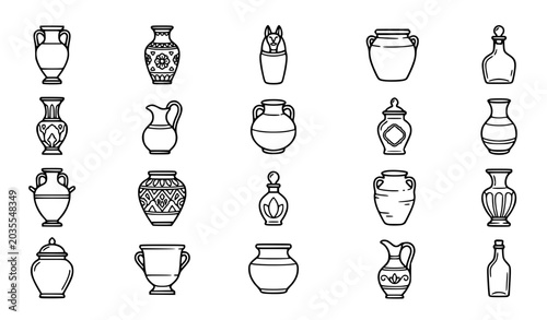 Fotografie Black and white antique vase outline icon set with ceramic jars and decorative v