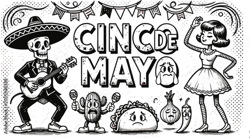 Bild auf Leinwand Vintage Rubber Hose Style Cinco de Mayo Vector Illustration Featuring Mariachi S