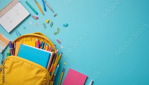 Yellow school backpack filled with colorful stationery on a blue background, top view flat lay composition, vibrant back-to-school concept with notebooks, pencils, and paper clips