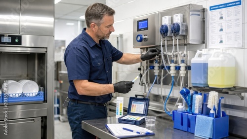 Worker operates cleaning equipment in commercial kitchen setting during working hours